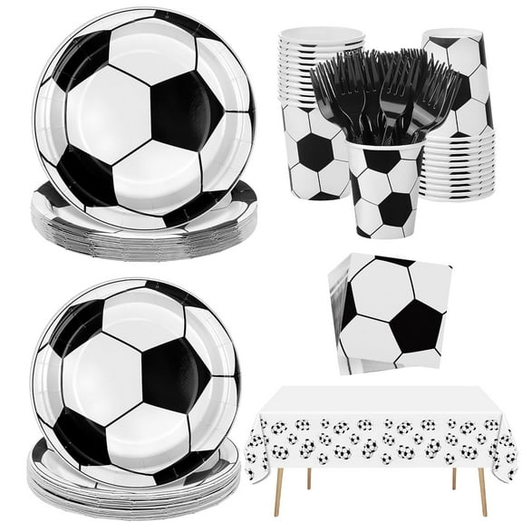 Soccer Party Supplies Decorations Set - 122pcs Football Theme Party Kit Includes Party Plates, Cups, Napkins, Forks & Soccer Party Tablecloth - FIFA World Cup Birthday Decor for Kids Adults Sports