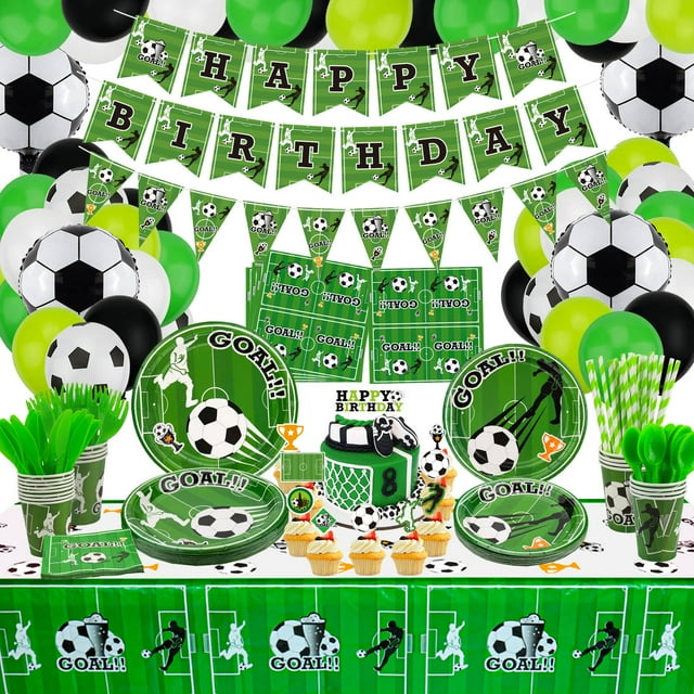 Soccer Party Supplies Includes Soccer Balloon, Happy Birthday Banner, Cake Topper, Plates
