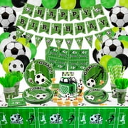 Soccer Party Supplies - Includes Soccer Balloon, Happy Birthday Banner, Cake Topper, Plates, Napkins, Cup, Tablecloth and Straws for Boys Sports Theme Birthday Decorations, Serves 20 Guest