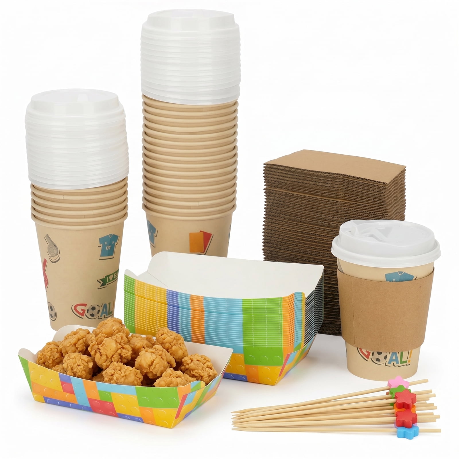 Soccer Party Supplies Set 150 pcs, 25pcs Disposable Paper Cups with Lids Sleeves, 25pcs Paper Food Tray Plate for Snack, 100pcs Cocktail Picks for Appetizers, Fruit, Party Decorations Party Favors