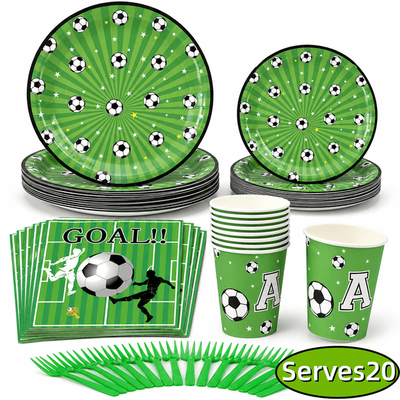 Kabuer Soccer Party Supplies Set, Sports Theme Decor, Disposable Tableware Plates Napkins Cups Forks, Serves 20 (Style 1)