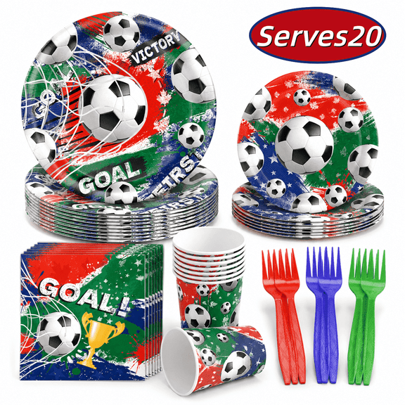 Kabuer Soccer Party Supplies Set, Sports Theme Decor, Disposable Tableware Plates Napkins Cups Forks for Birthday Party Supplies Serves 24 (Style 2)