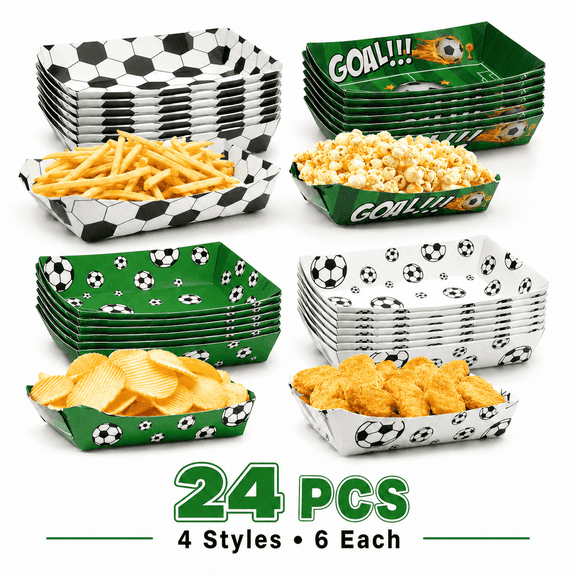 KABUER Soccer Sports Theme Party Supplies, Disposable Soccer Plates Paper Trays for Sports Theme ·Football Party Favors Decor 4 Styles, 24 Pcs