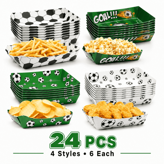 KABUER Soccer Sports Theme Party Supplies, Disposable Soccer Plates Paper Trays for Sports Theme ·Football Party Favors Decor 4 Styles, 24 Pcs