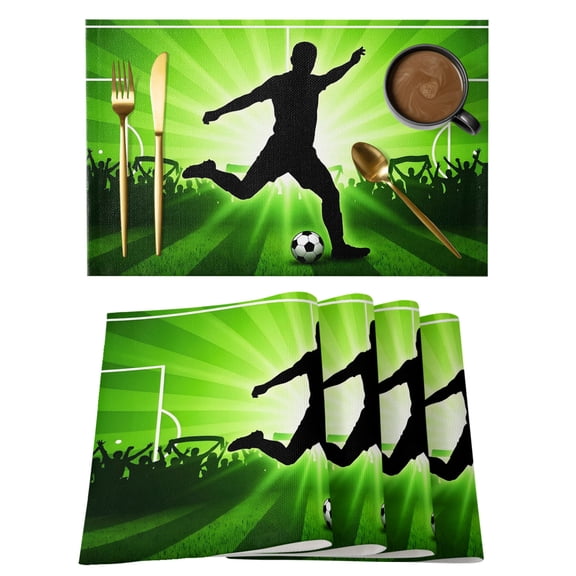 Soccer Placemats Set of 4 Bright Green Football Victory Kick Place Mats Indoor Wipeable Table Mats Washable Cloth Dining Table Placemats for Kitchen Holiday Party Home Decor 13x19 Inch