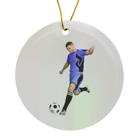 3drose, Soccer Player in Purple and Black Kicking Soccer Ball, Circle Porcelain Ornament