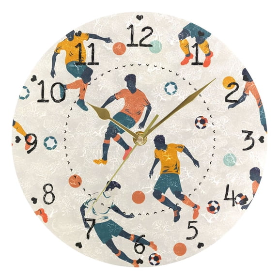 Soccer Players Playing Soccer Round Wall Clock Silent Analog Battery Operated Gold Pointer Home Decor 9.84" Diameter