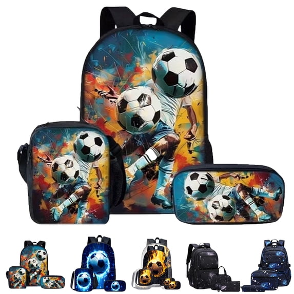 Soccer Print 3 Pcs Kids Backpack Sets Lightweight School Backpack Set with Lunch Box and Pencil Box for Teens Students Boys Bookbag Casual Daypack Travel Bag
