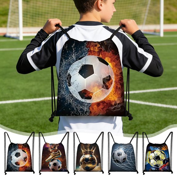 Soccer Print Drawstring Backpack, Lightweight Sports Sack for Gym Shoes Clothes, Water-Resistant Oxford Cloth Pouch for Team Sports Travel and Weekend Activities