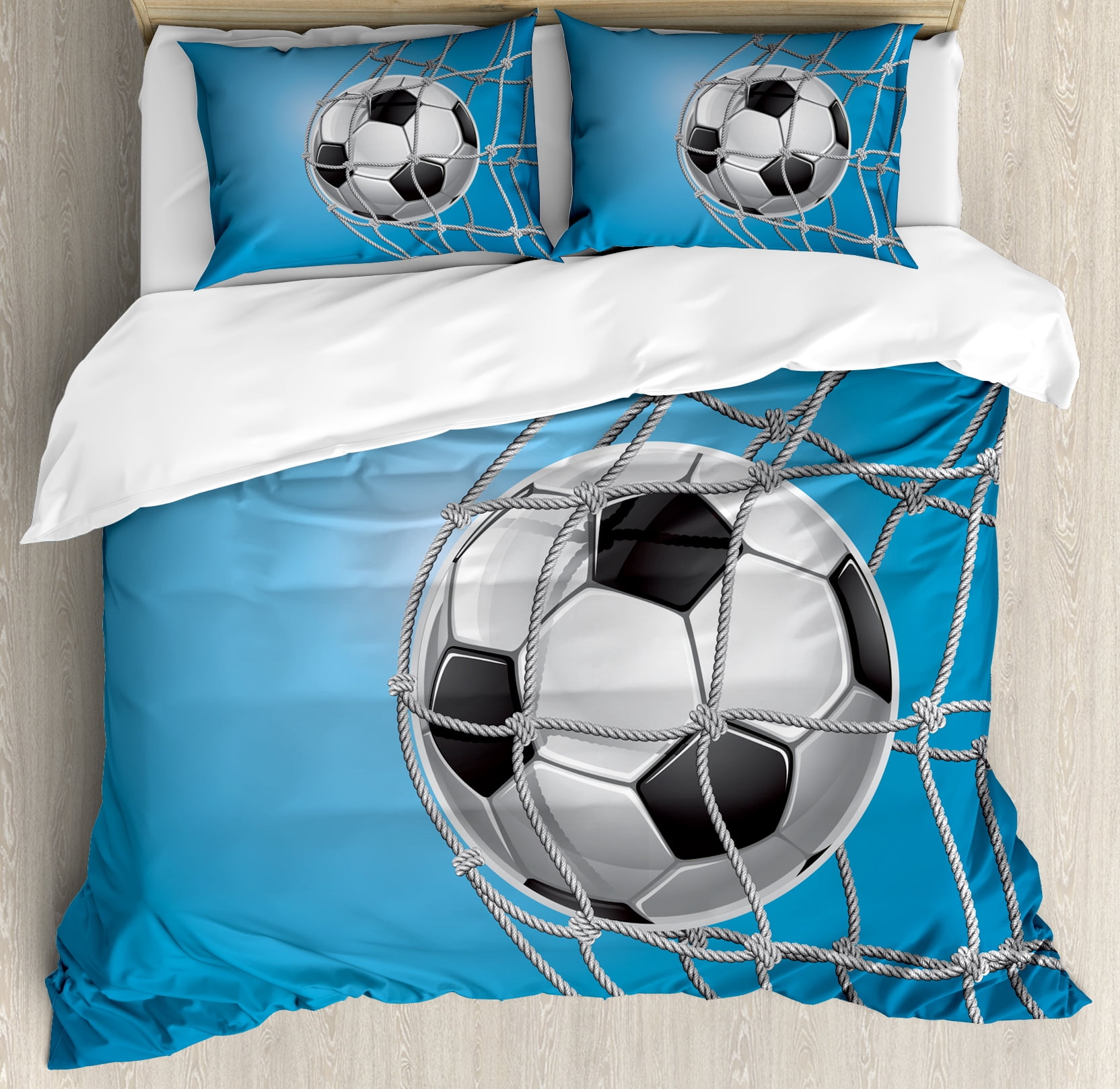 Soccer Queen Size Duvet Cover Set, Goal Football in Net Entertainment Playing for Winning Active Lifestyle, Decorative 3 Piece Bedding Set with 2 Pillow Shams, Blue Pale Grey Black, by Ambesonne