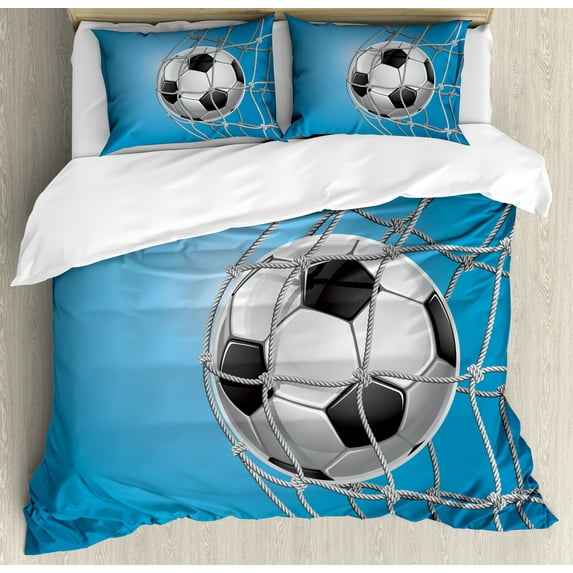 Soccer Queen Size Duvet Cover Set, Goal Football in Net Entertainment Playing for Winning Active Lifestyle, Decorative 3 Piece Bedding Set with 2 Pillow Shams, Blue Pale Grey Black, by Ambesonne