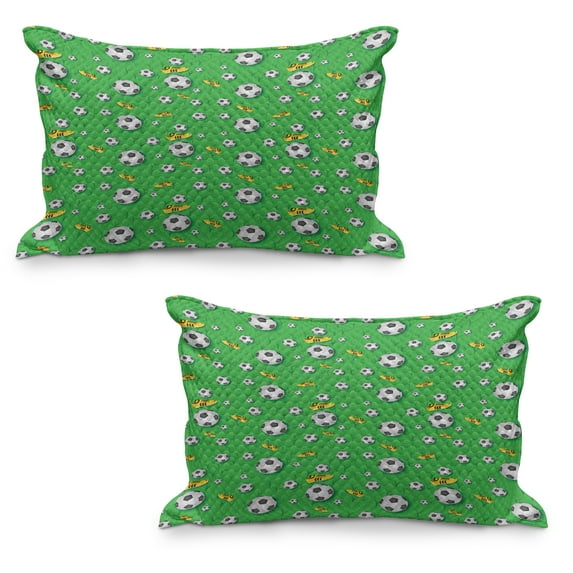 Soccer Quilted Pillowcover Set of 2, Professional Player Athletics Pattern Football Shoes Balls on Grass, Standard Queen Size Pillow Cover for Bedroom, 30" x 20", Lime Green Yellow Black, by Ambesonne