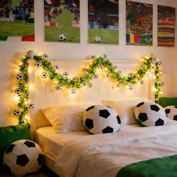 Soccer Rattan LED String Lights 5M Battery Operated Green Football Fairy Lights Decorative Hanging Lights for Bars Restaurants Malls Sports Party Event Home Decor Ambient Lighting