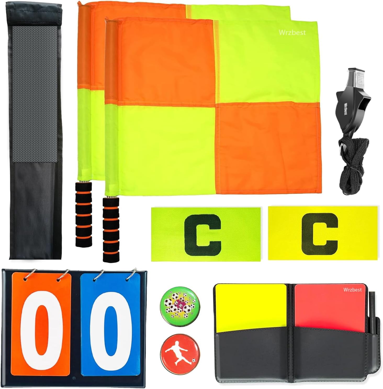 Soccer Referee Flags Kit, Accessories Set,8 PCS Toolkit including Linesman Flags, Captain Armband, Whistle,Toss Coin and Yellow Cards with Notebook - 8 in 1
