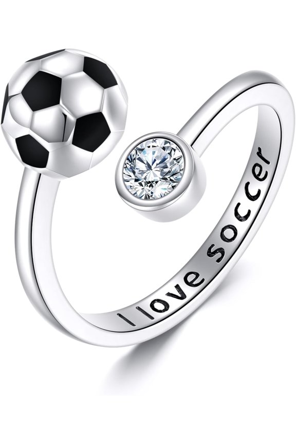 Soccer Rings S925 Sterling Silver Soccer Adjustable Ring For Women Player Football Sport Jewelry Gifts For Mom Lover