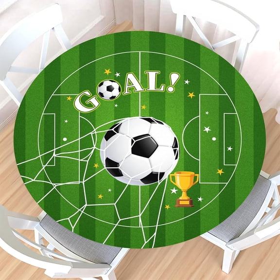 Soccer Round Fitted Tablecloth with Elastic Edge,Waterproof Reusable Football Soccer Ball Green Field Sport Goal Table Cover for 48-52" Stretch Table Cloth for Dinner Indoor Outdoor Party