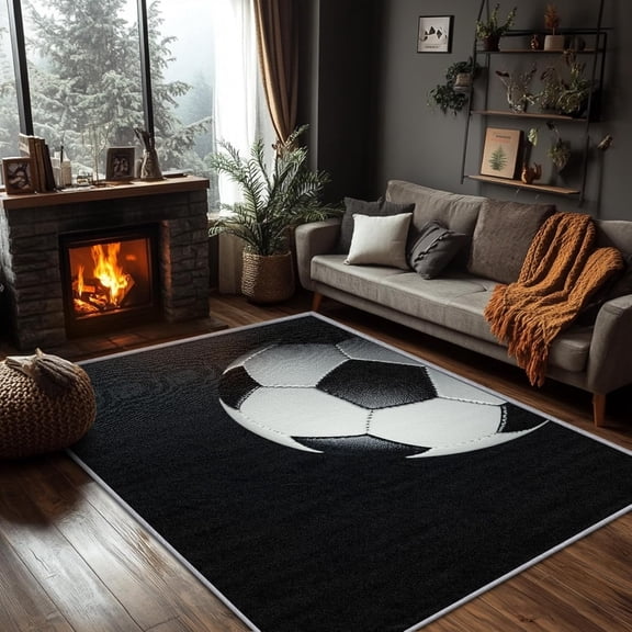 Soccer Rug, 3D Football Sports Area Rug, Black and White Rugs, Kids Boys Playroom Carpet, Soccer Home Decor 2x3ft Small