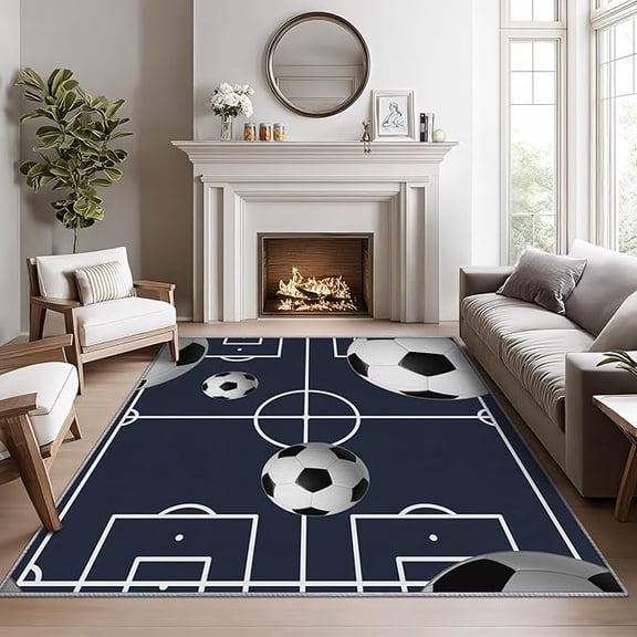 Soccer Rugs for Boys Bedroom, Soccer Field Rug, Kids Navy Blue Sports Area Rug, Football Field Washable Door Mat for Entryway, Kitchen, Ball Sport Game Home Decor & Gifts 2 x 3ft