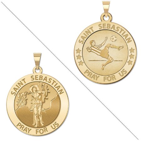 Soccer - Saint Sebastian Doubledside Sports Religious Medal 1 Inch in Solid 14K Yellow Gold
