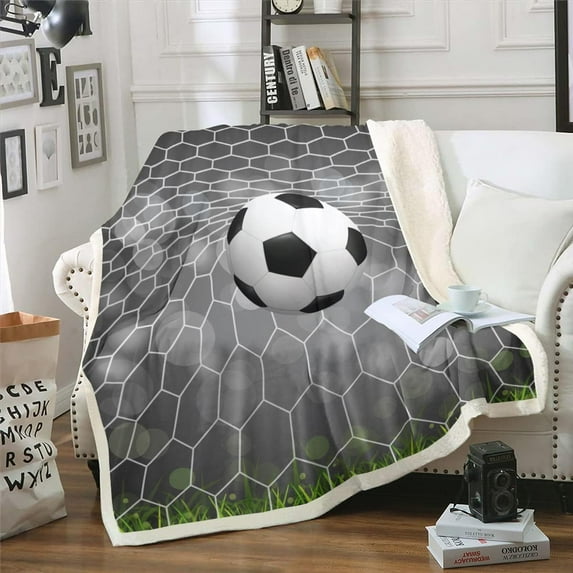 Soccer Sherpa Blanket Boys Football Field Goal Blanket Throw Summer Team Sports Games Fleece Blanket Fantasy Bubble Fuzzy Blanket For Kids Girls Teens Twin 60"x80" Green White Child Room Decor