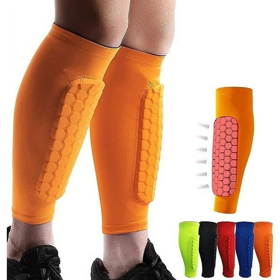 Soccer Shin Guards Shin Pads for Kids Youth Adult, Calf Compression Sleeve with Honeycomb Pads, Support for Shin Splint Baseball Boxing MTB, Lightweight (1 Pair, Orange, L)