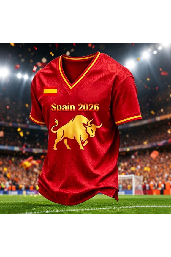 Soccer Shirts Men's Spain Print V Neck Short Sleeve Stylish Pattern Casual Tee Football Jersey Red XXXXXL