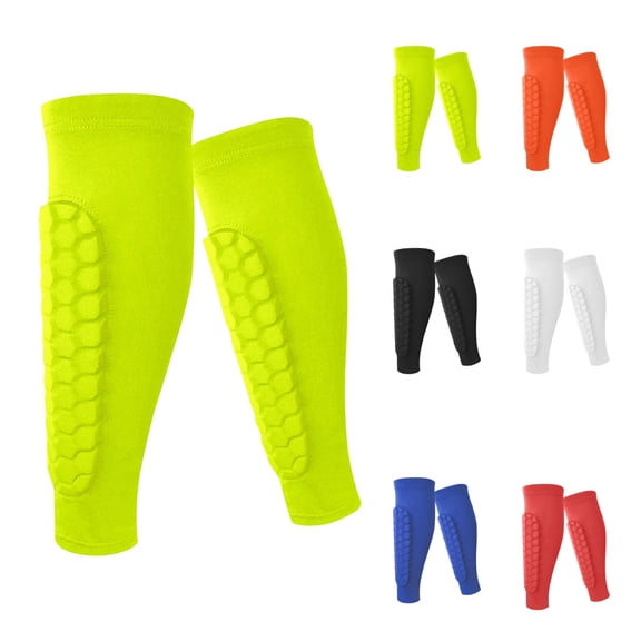 Soccer & Ski Shin Guards for Adult – Calf Compression Sleeve with Honeycomb Pads, Lightweight Protective Gear for Football & Skiing, #01 Fluorescent Green L