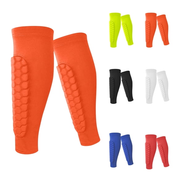 Soccer & Ski Shin Guards for Adult – Calf Compression Sleeve with Honeycomb Pads, Lightweight Protective Gear for Football & Skiing, #01 Orange L