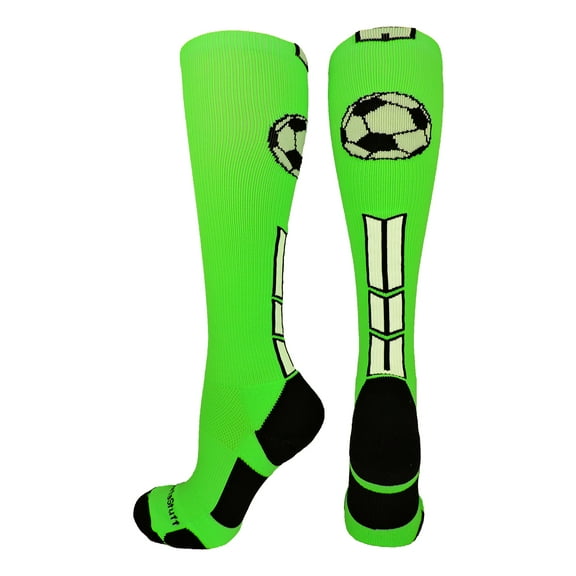 Soccer Socks with Soccer Ball Logo Over the Calf (Neon Green/Black/White, Large)