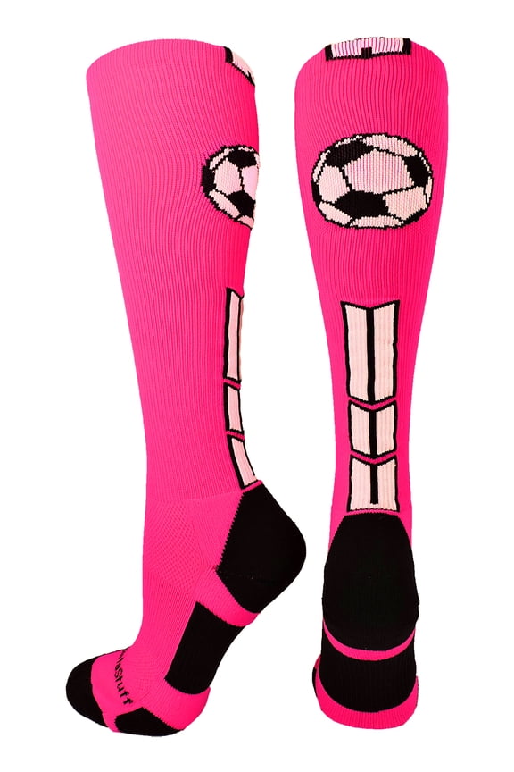 Soccer Socks with Soccer Ball Logo Over the Calf (Neon Pink/Black/White, Large)