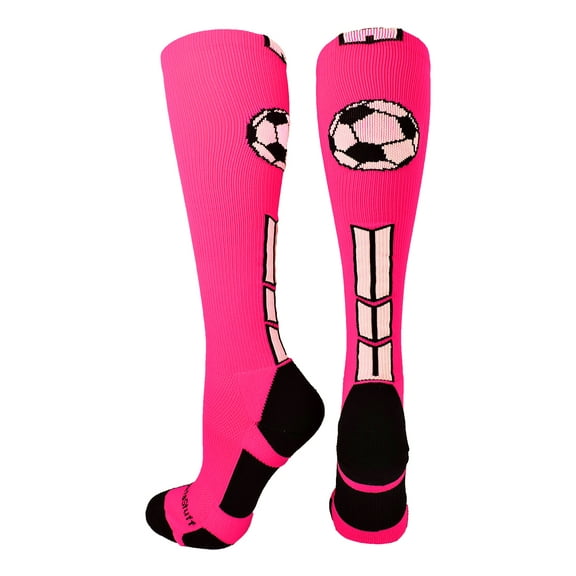 Soccer Socks with Soccer Ball Logo Over the Calf (Neon Pink/Black/White, Medium)