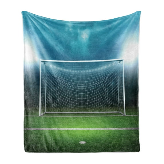Soccer Soft Flannel Fleece Blanket, Soccer Goal Post Sports Area Winner Loser Line Floodlit Best Team Finals Game Theme, Cozy Plush for Indoor and Outdoor Use, 50" x 70", Green Blue, by Ambesonne