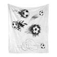 thumbnail image 1 of Soccer Soft Flannel Fleece Blanket, Various Round Soccer Balls in Air Fast Kick Shoot in Kickoff Space Art Sketch, Cozy Plush for Indoor and Outdoor Use, 70" x 90", White and Black, by Ambesonne, 1 of 6