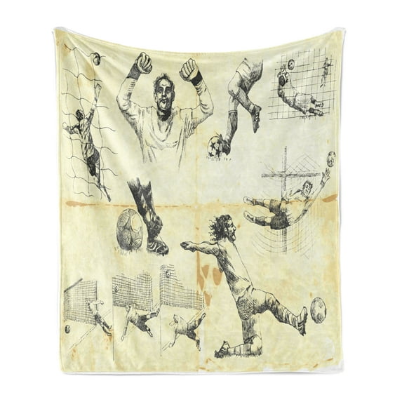 Soccer Soft Flannel Fleece Throw Blanket, Arrangement of Different Soccer Player Goalkeeper Theme Sketch Art, Cozy Plush for Indoor and Outdoor Use, 70" x 90", Charcoal Grey Yellow, by Ambesonne