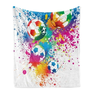 Soccer Soft Flannel Fleece Throw Blanket, Colored Splashes All over Soccer Balls Score World Cup Championship Athletic, Cozy Plush for Indoor and Outdoor Use, 50" x 60", Multicolor, by Ambesonne