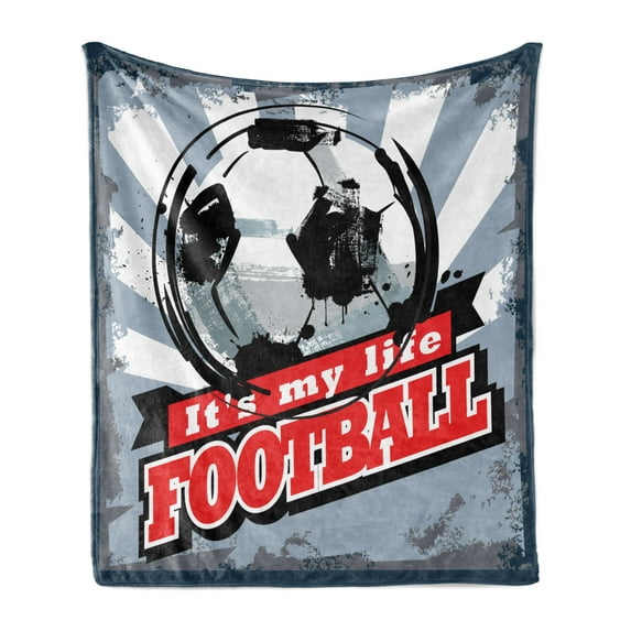 Soccer Soft Flannel Fleece Throw Blanket, Football is My Life Words in Vintage Grungy Graphic Design Goal Sports Team, Cozy Plush for Indoor and Outdoor Use, 70" x 90", Blue Black Red, by Ambesonne