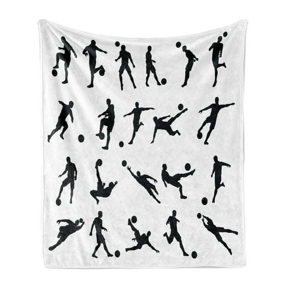 Soccer Soft Flannel Fleece Throw Blanket, Football Player Silhouettes Goalkeeper Striker Shooting Heading Volleying Saving, Cozy Plush for Indoor and Outdoor Use, 50" x 70", Black White, by Ambesonne