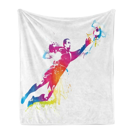Soccer Soft Flannel Fleece Throw Blanket, Goalkeeper Catches the Ball Goal Star Training International Game Spray Design, Cozy Plush for Indoor and Outdoor Use, 60" x 80", Multicolor, by Ambesonne