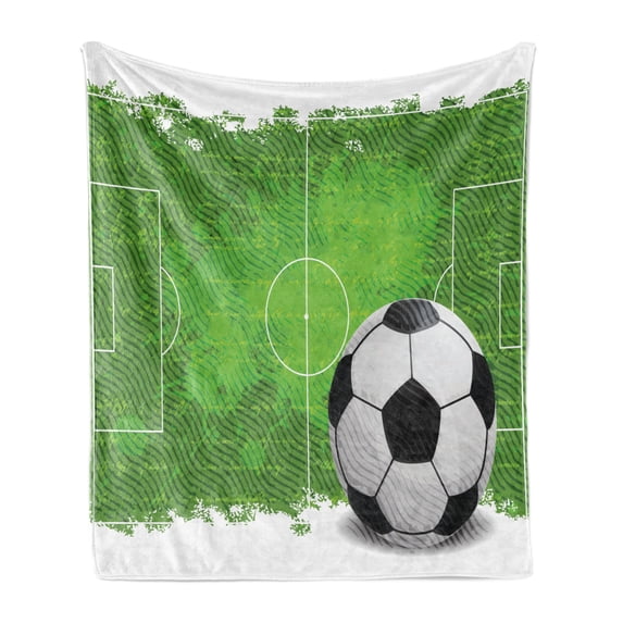 Soccer Soft Flannel Fleece Throw Blanket, Grunge Worn Looking Pitch Pattern Football 6 Yard Box Vintage Illustration, Cozy Plush for Indoor and Outdoor Use, 50" x 70", Green Black White, by Ambesonne