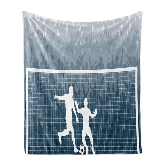 Soccer Soft Flannel Fleece Throw Blanket, Illustration of a Cheering Crowd Silhouette Watching Penalty Kick in Soccer Match, Cozy Plush for Indoor and Outdoor Use, 50" x 60", Blue White, by Ambesonne