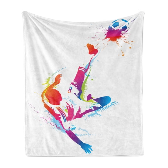 Soccer Soft Flannel Fleece Throw Blanket, Soccer Man Kicks the Ball in the Air Watercolors Success Energy Feet Illustration, Cozy Plush for Indoor and Outdoor Use, 50" x 60", Multicolor, by Ambesonne