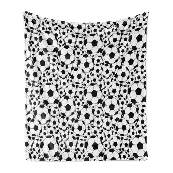 Soccer Soft Flannel Fleece Throw Blanket, Monochrome Design Pattern of Classical Football Balls Kids Boys Cartoon Pattern, Cozy Plush for Indoor and Outdoor Use, 60" x 80", Black White, by Ambesonne