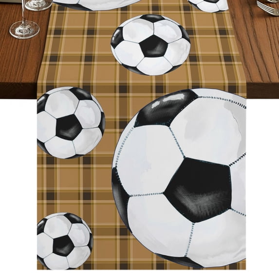 Soccer Sport Burlap Cotton Table Runner 13x108 Inches Long, Brown Retro Football Buffalo Checkered Farmhouse Table Runners, Outdoor Dining Tablecloths Decor for Baby Shower/Party/Wedding