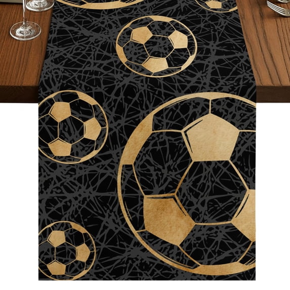 Soccer Sport Burlap Cotton Table Runner 16x72 Inches Long, Black Beige Vintage Football Ball Theme Farmhouse Table Runners, Outdoor Dining Tablecloths Decor for Baby Shower/Party/Wedding
