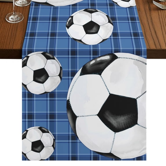 Soccer Sport Burlap Cotton Table Runner 16x72 Inches Long, Farmhouse Football Blue Plaid Lattice Farmhouse Table Runners, Outdoor Dining Tablecloths Decor for Baby Shower/Party/Wedding