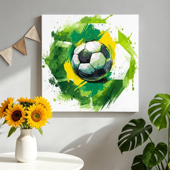 Soccer Sport Canvas Wall Art for Living Room, Modern Dynamic Football Match Abstract Green Yellow Waves Poster Print Painting for Bedroom Office Home Decoration Wall Pictures Prepare To Hang 8"x8"