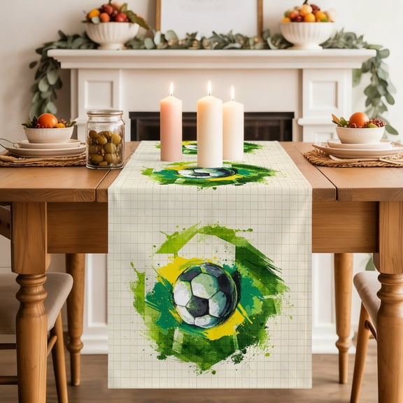 Soccer Sport Dining Table Runner, Modern Football Match Abstract Green Yellow Waves Beige Plaid Washable Table Runners Kitchen Coffee Table Center Decor for Home Party Holiday Wedding 13 x 70 Inches