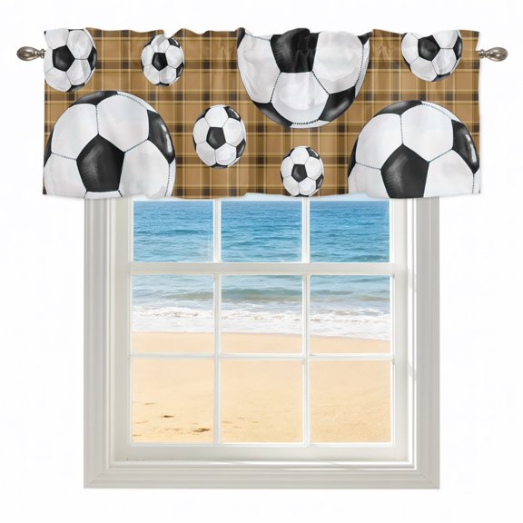 Soccer Sport Kitchen Valances for Windows 42x12 Inch Kitchen Curtains Valances Rod Pocket Brown Retro Football Buffalo Checkered Bathroom Window Valances for Window Treatment Decor