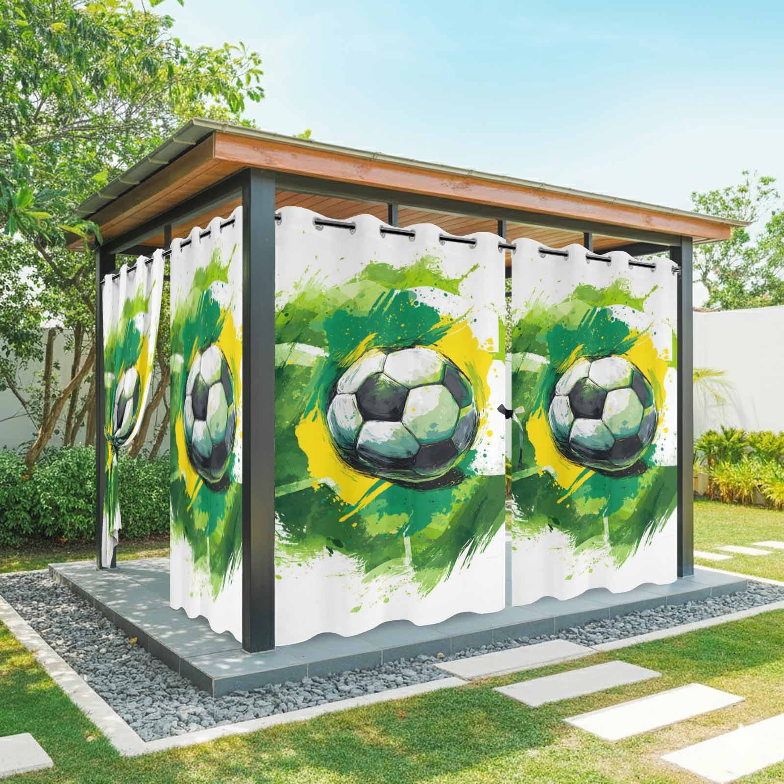Soccer Sport Outdoor Curtains for Patio, Modern Dynamic Football Match Abstract Green Yellow Waves Sunshade Privacy Drapes Grommet Waterproof Outside Curtains for Porch Balcony 54"x108", 1 Panel