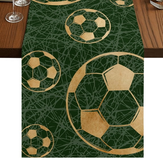 Soccer Sports Burlap Cotton Table Runner 16x72 Inches Long, Farmhouse Vintage Green Football Ball Farmhouse Table Runners, Outdoor Dining Tablecloths Decor for Baby Shower/Party/Wedding